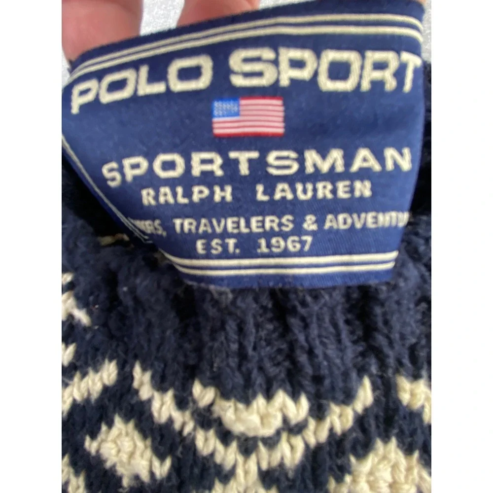 Vintage Polo Sport Sportsman Ralph Lauren Hand Knit Fair Isle Sweater Navy L
